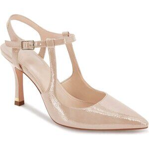 Women's Nude High Heels Pointed Toe Ankle Strap Pumps Patent Dress Shoes